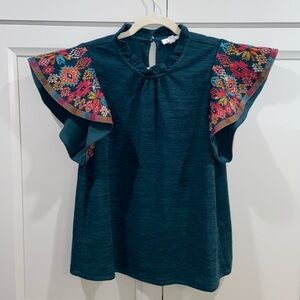 THML Green and Multi colored Embellished Boxy Shirt Size Medium
